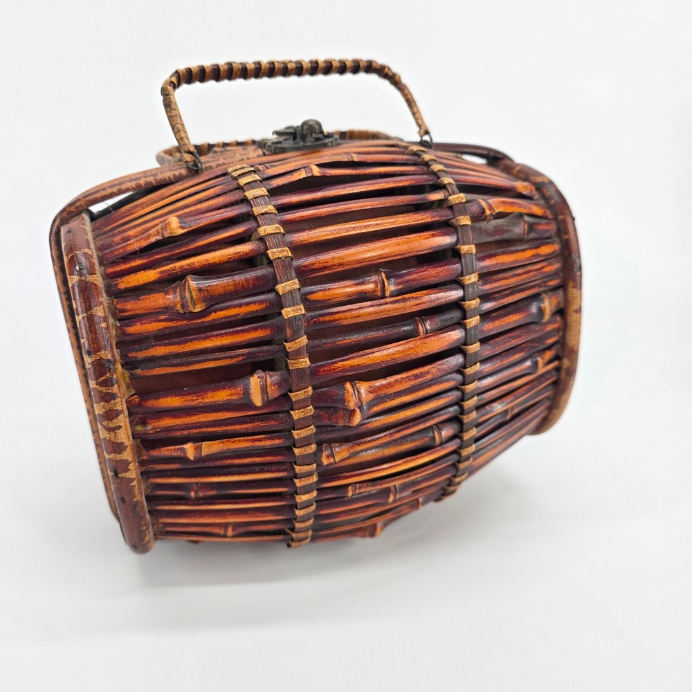 VTG Wicker Basket Bamboo Barrel Handbag Brass Latch Rattan Woven Box Wood Chest